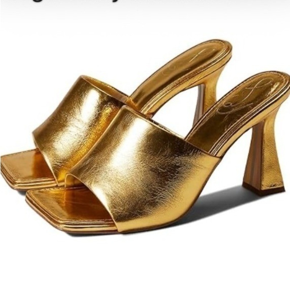 Sam Edelman Carmen Metallic Gold Square Toe Flared Heel Slide Sandals Mules Sz 9